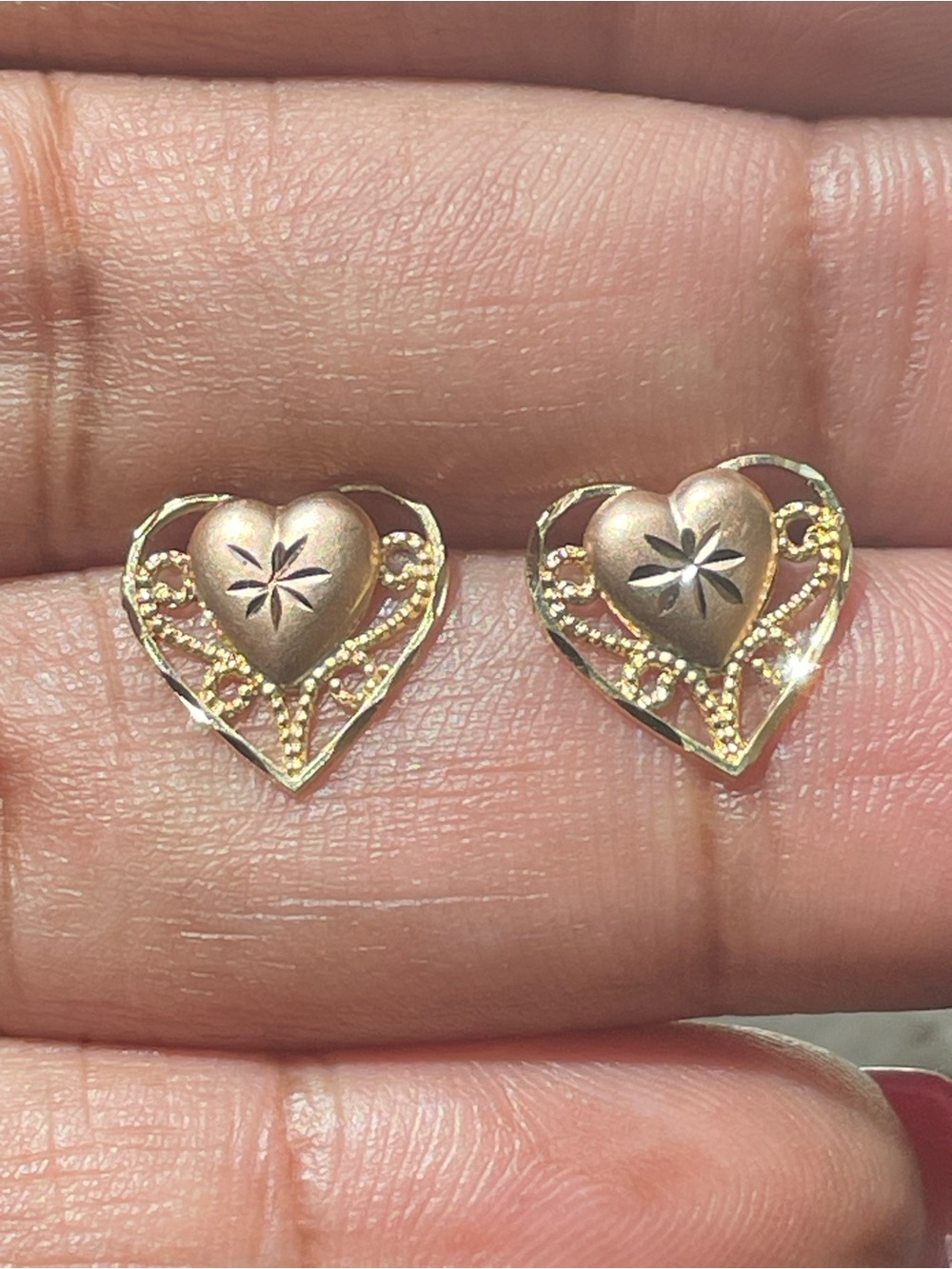 Real! 10kt Gold Filigree Heart Earrings - Diamond Cut Heart Shaped Studs